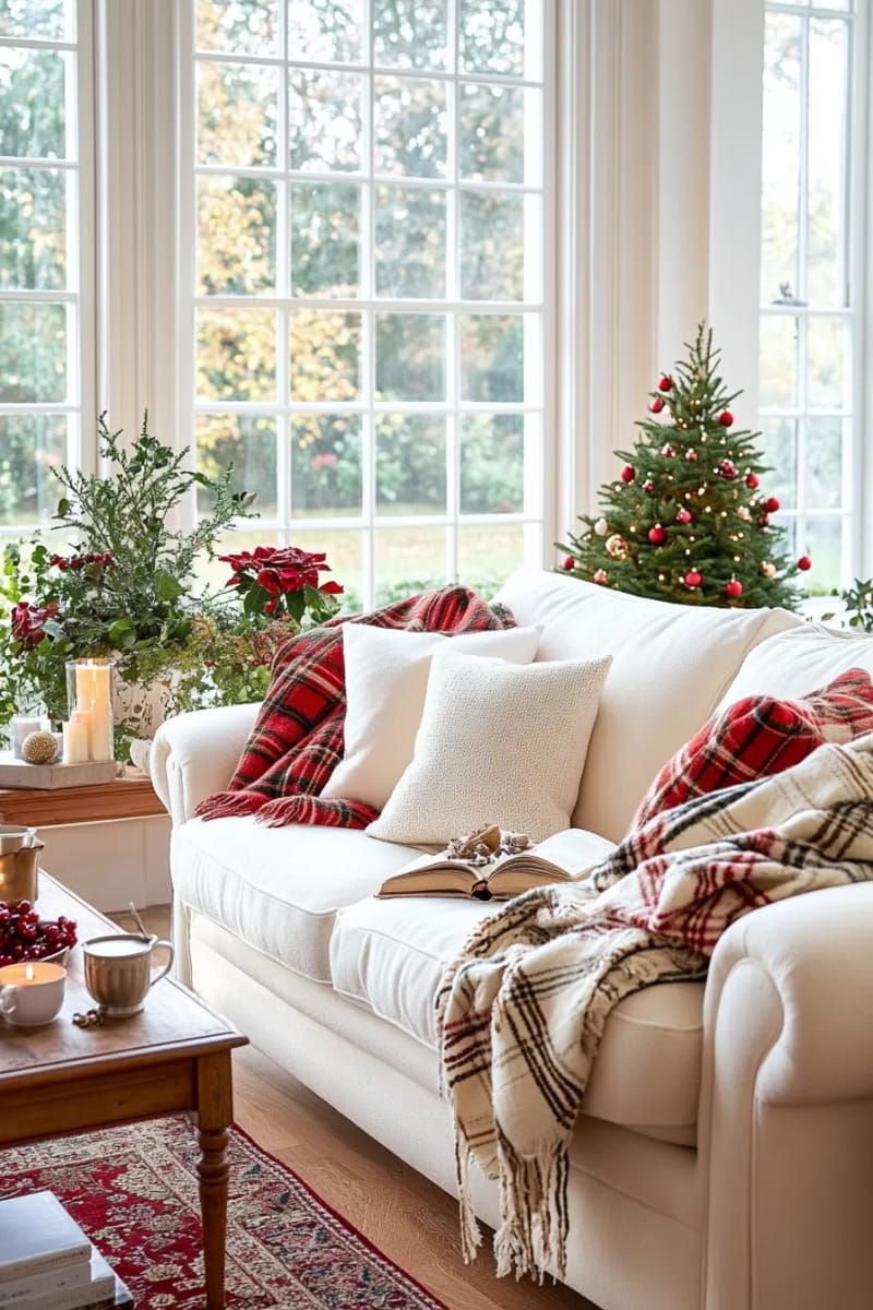 layer cozy plaid blankets and chunky knit pillows on a cream sofa 1