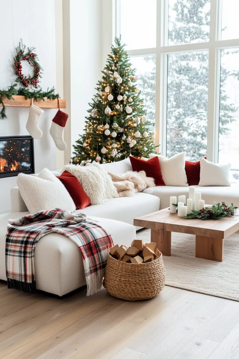 layer cozy plaid blankets and chunky knit pillows on a cream sofa 1