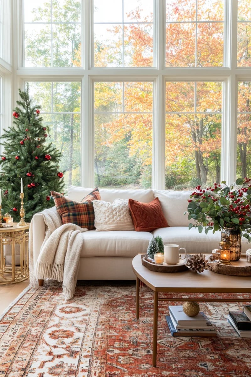 layer cozy plaid blankets and chunky knit pillows on a cream sofa 1