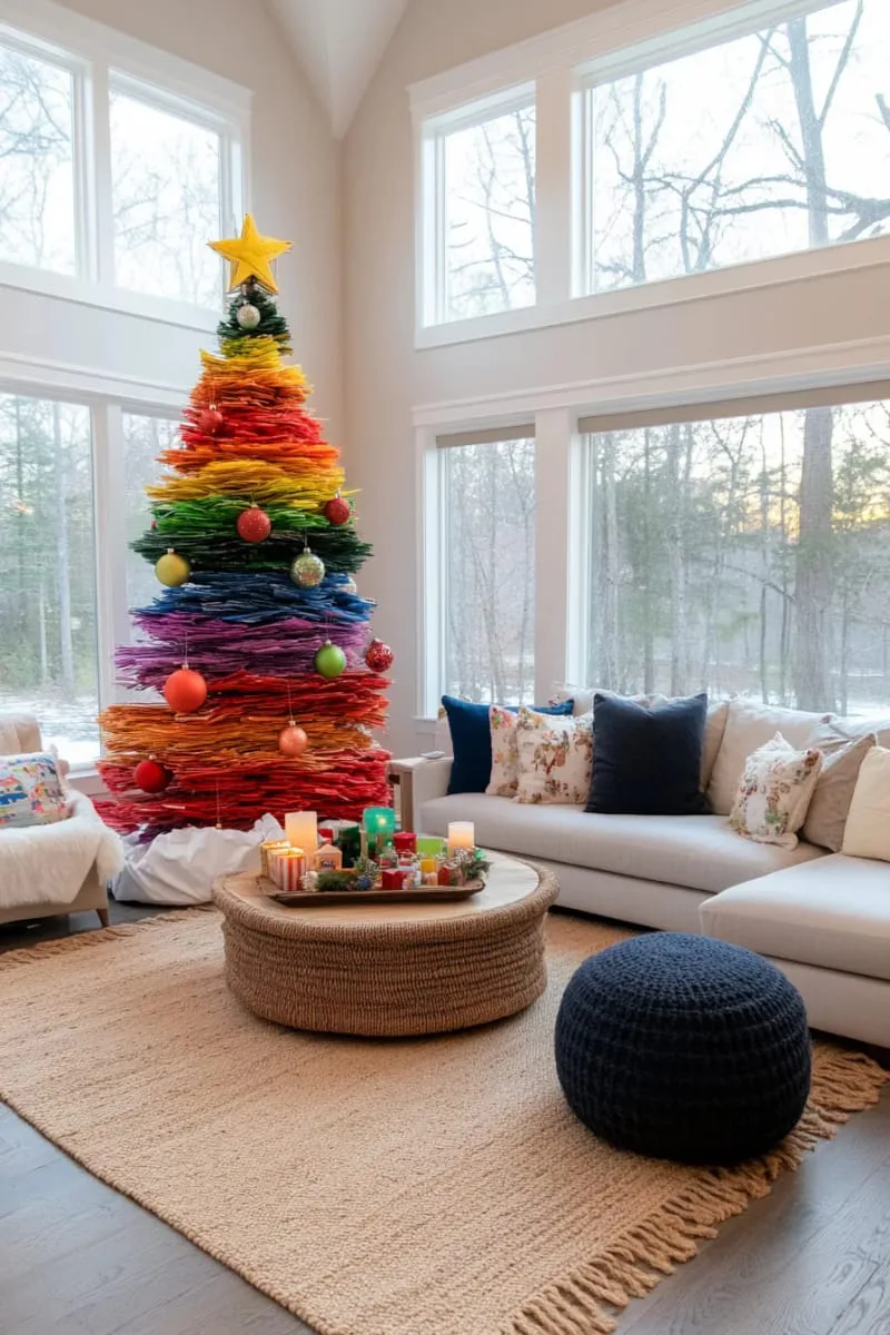 27 Sustainable Christmas Trees For Cheap and Eco-Friendly Decor 18 layer recycled magazines in rainbow hues for a playful kids christmas tree. 1