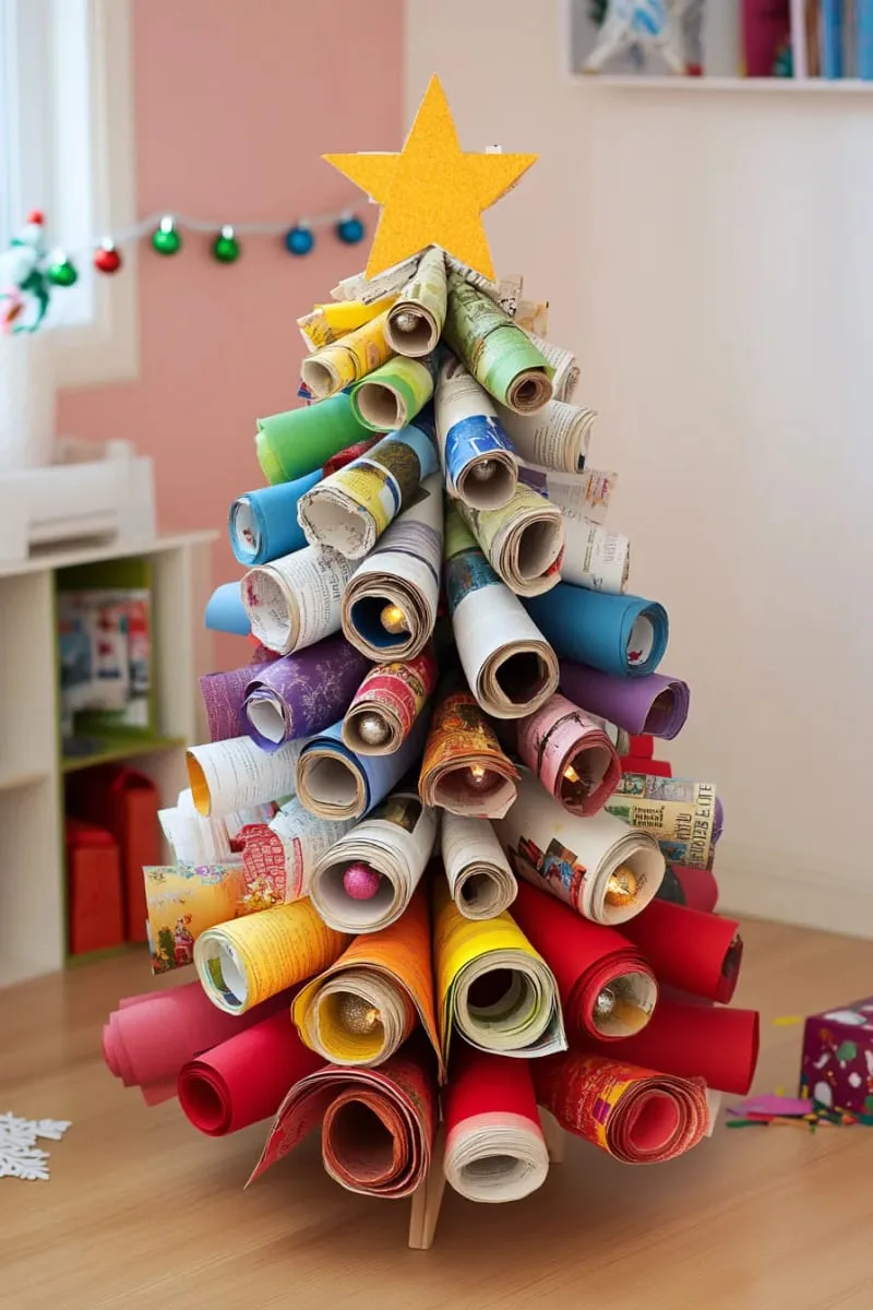 27 Sustainable Christmas Trees For Cheap and Eco-Friendly Decor 19 layer recycled magazines in rainbow hues for a playful kids christmas tree. 1