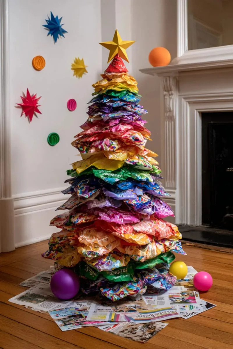 27 Sustainable Christmas Trees For Cheap and Eco-Friendly Decor 20 layer recycled magazines in rainbow hues for a playful kids christmas tree. 1