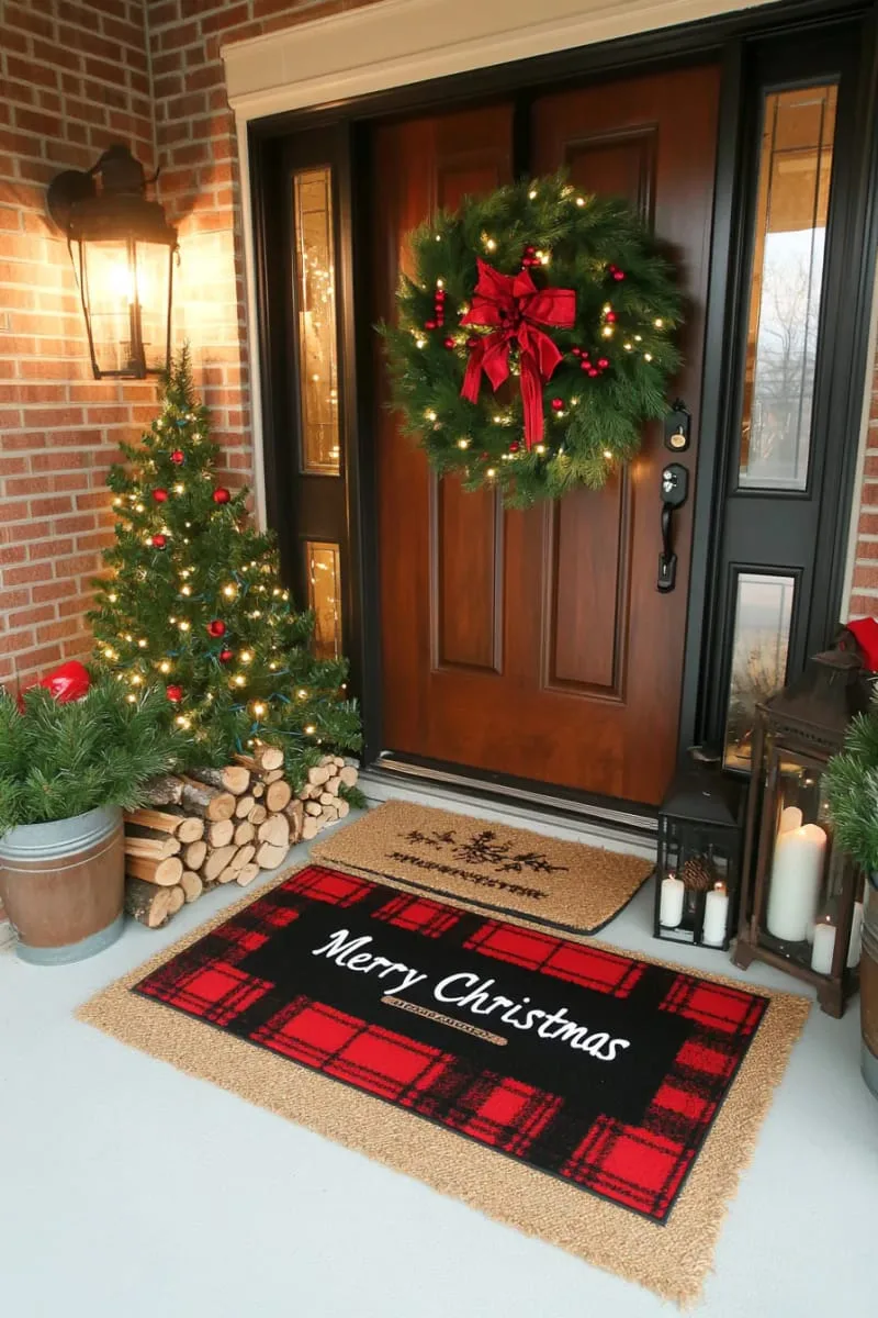 layered doormats: plaid under classic “merry christmas” jute mat 1