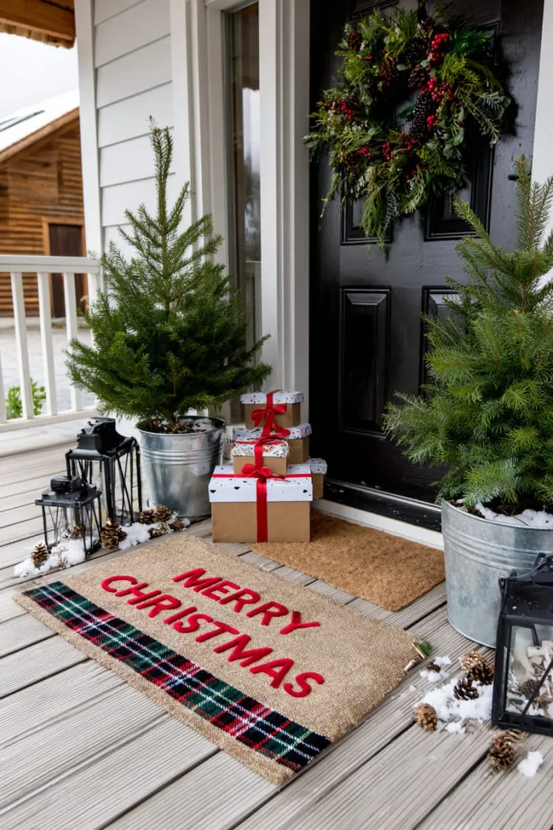 layered doormats: plaid under classic “merry christmas” jute mat 1