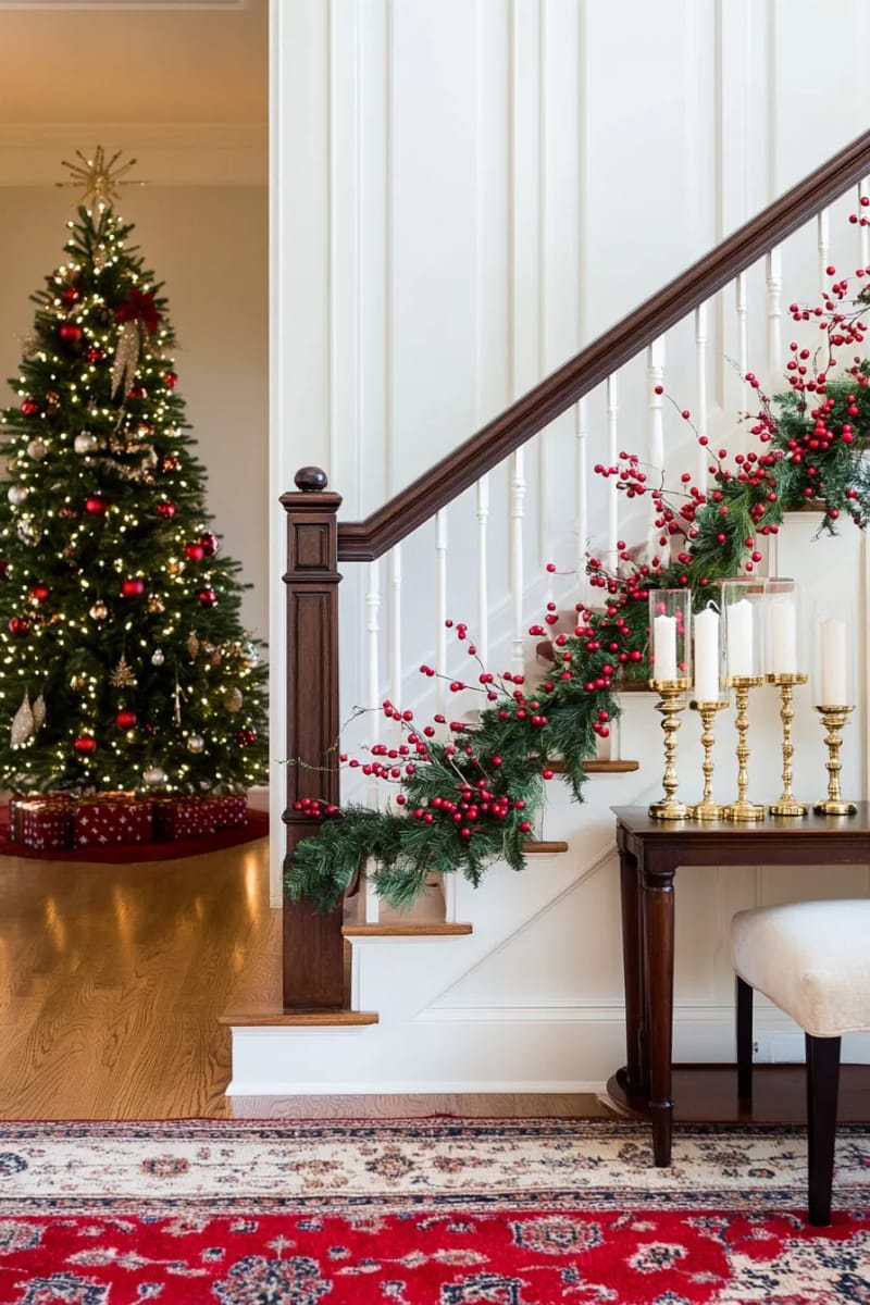layered garlands of beads, greenery, and berries on stair railings 1