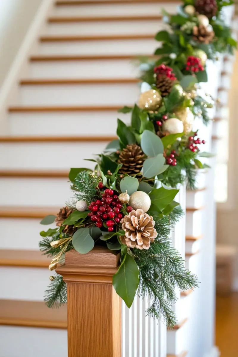 29 Best Christmas Decorations Trends You Can't Miss This Year 73 layered garlands of beads, greenery, and berries on stair railings 1