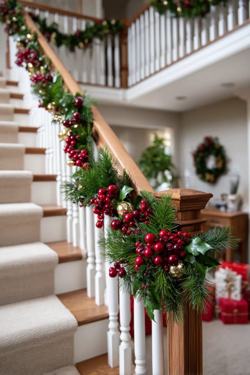 layered garlands of beads, greenery, and berries on stair railings 1