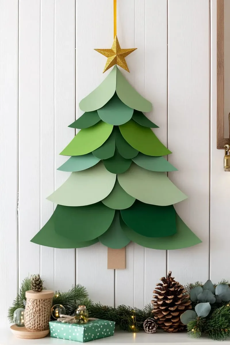 layered green paper tree wall hanging with a golden star topper 57
