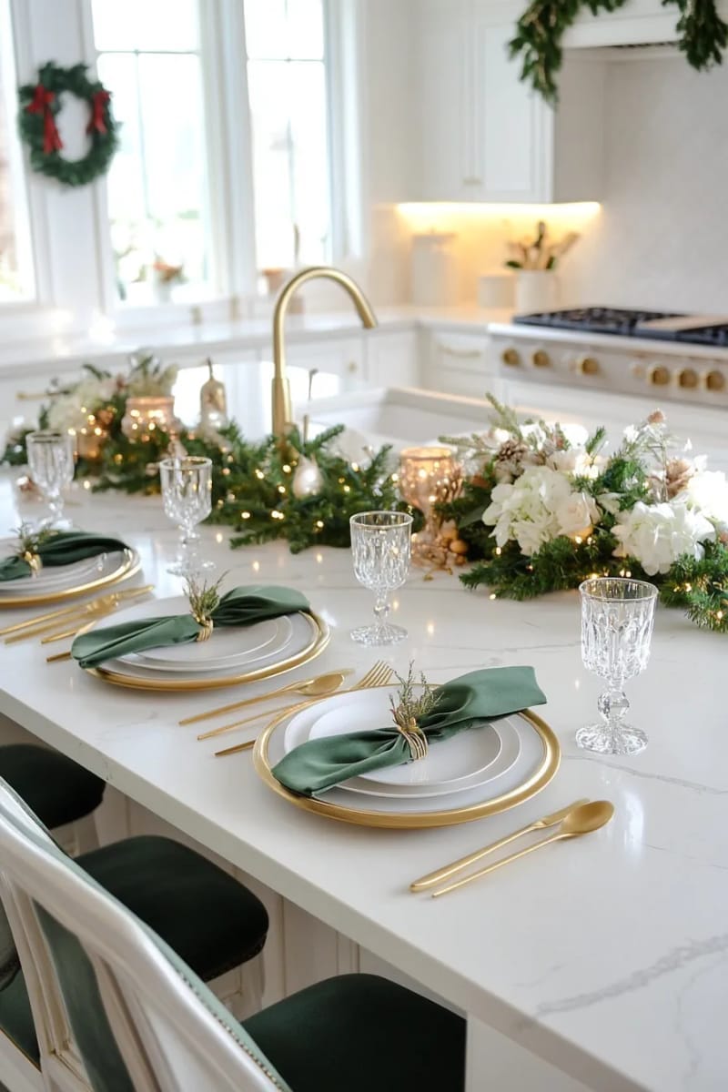 23 Christmas Kitchen Island Decor Ideas That Bring Instant Holiday Charm 7 layered green velvet napkins with gold cutlery and lush garland accents 1