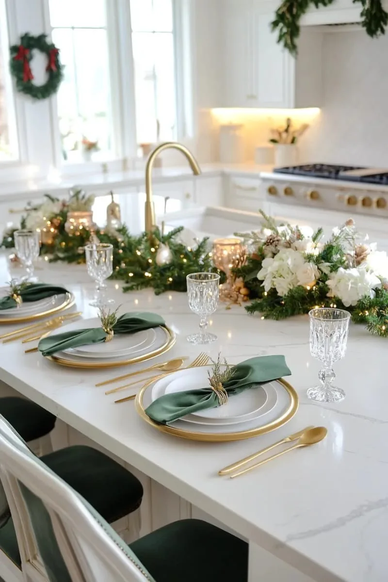 layered green velvet napkins with gold cutlery and lush garland accents 1