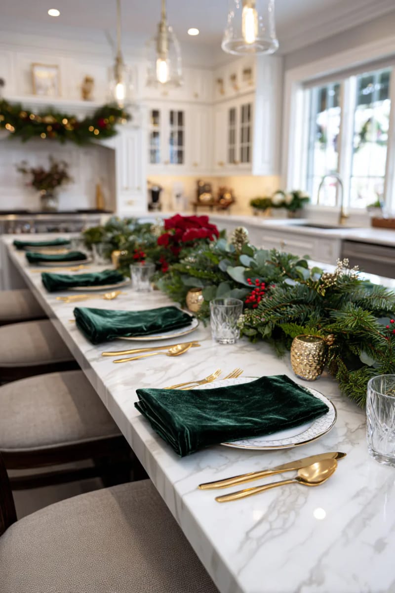 23 Christmas Kitchen Island Decor Ideas That Bring Instant Holiday Charm 8 layered green velvet napkins with gold cutlery and lush garland accents 1