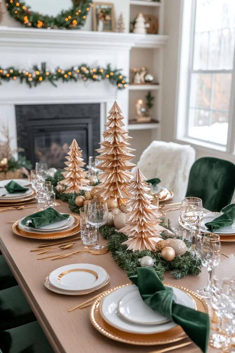 27 Unique Christmas Craft Decorations for Inspired Homes 74 layered origami christmas trees in metallic paper for table decorations 1