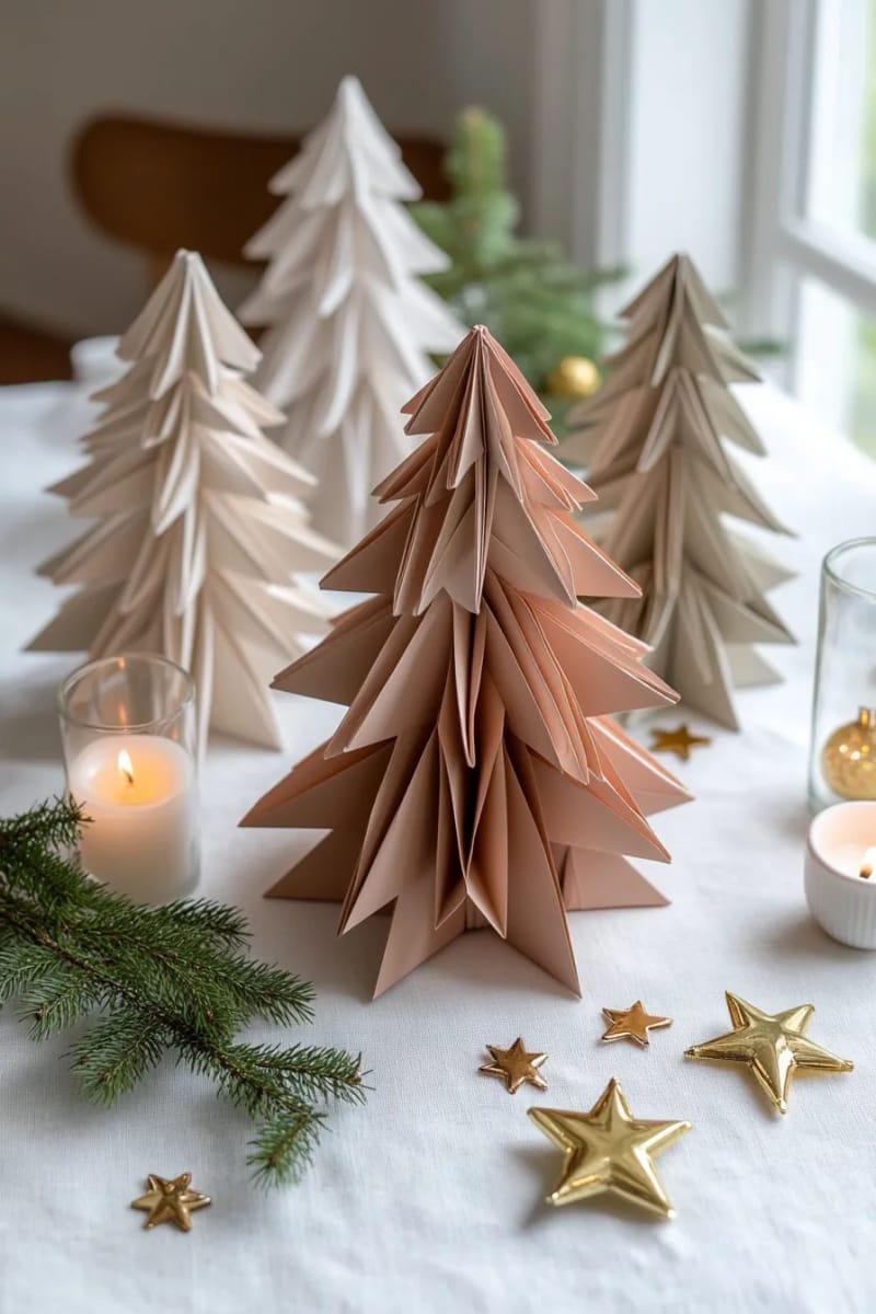 27 Unique Christmas Craft Decorations for Inspired Homes 75 layered origami christmas trees in metallic paper for table decorations 1