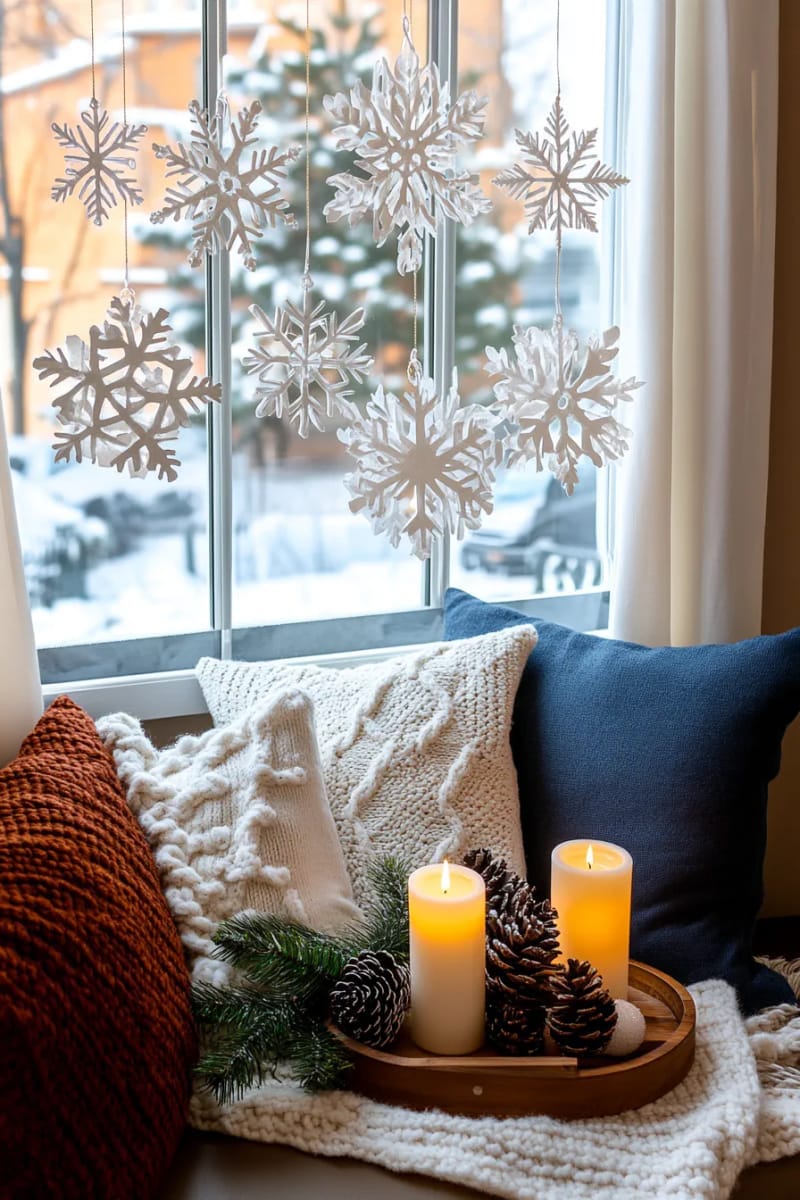 25 Best Christmas Window Decor Ideas to Try This Year 13 layered paper snowflake garlands draped from the top corners of the window. 1