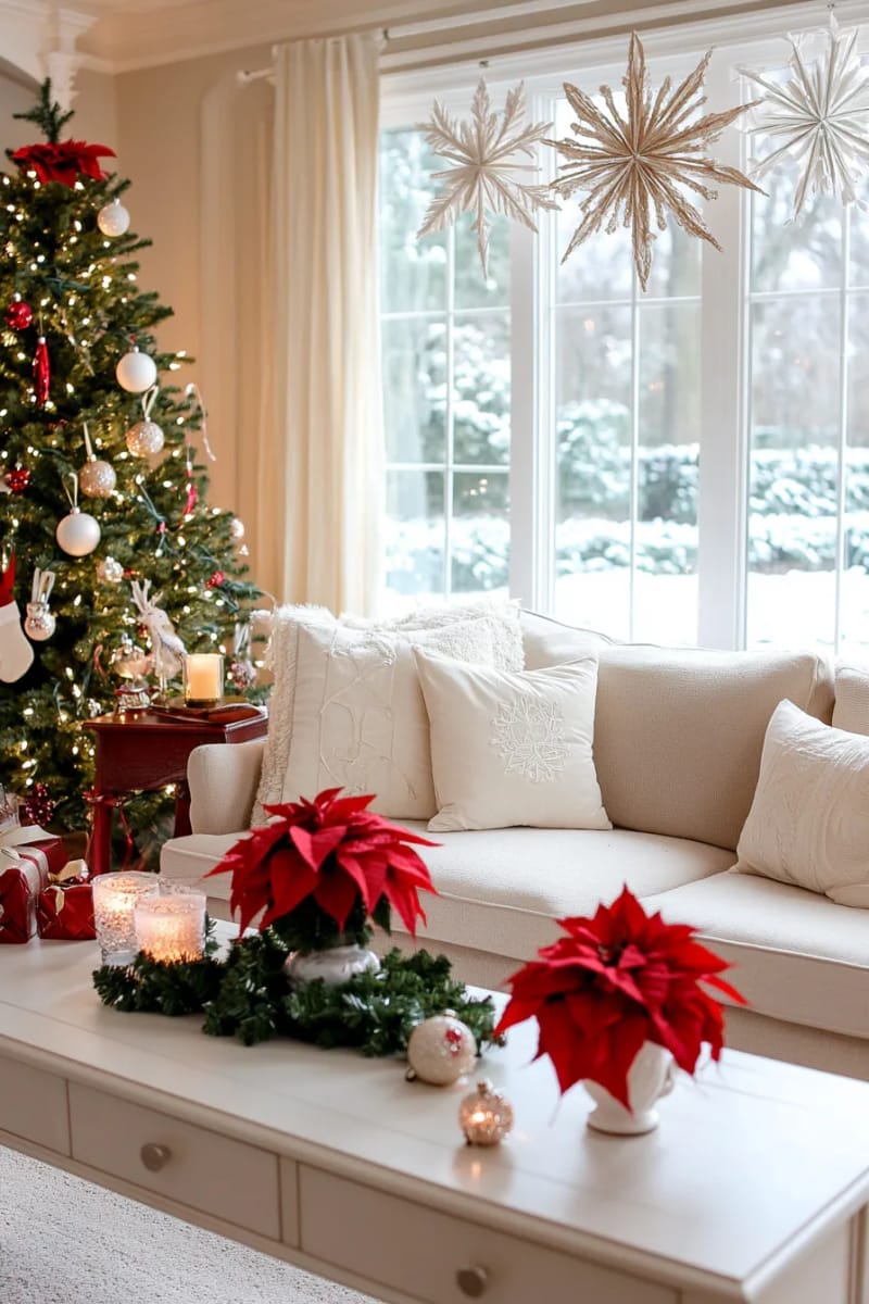 25 Best Christmas Window Decor Ideas to Try This Year 14 layered paper snowflake garlands draped from the top corners of the window. 1