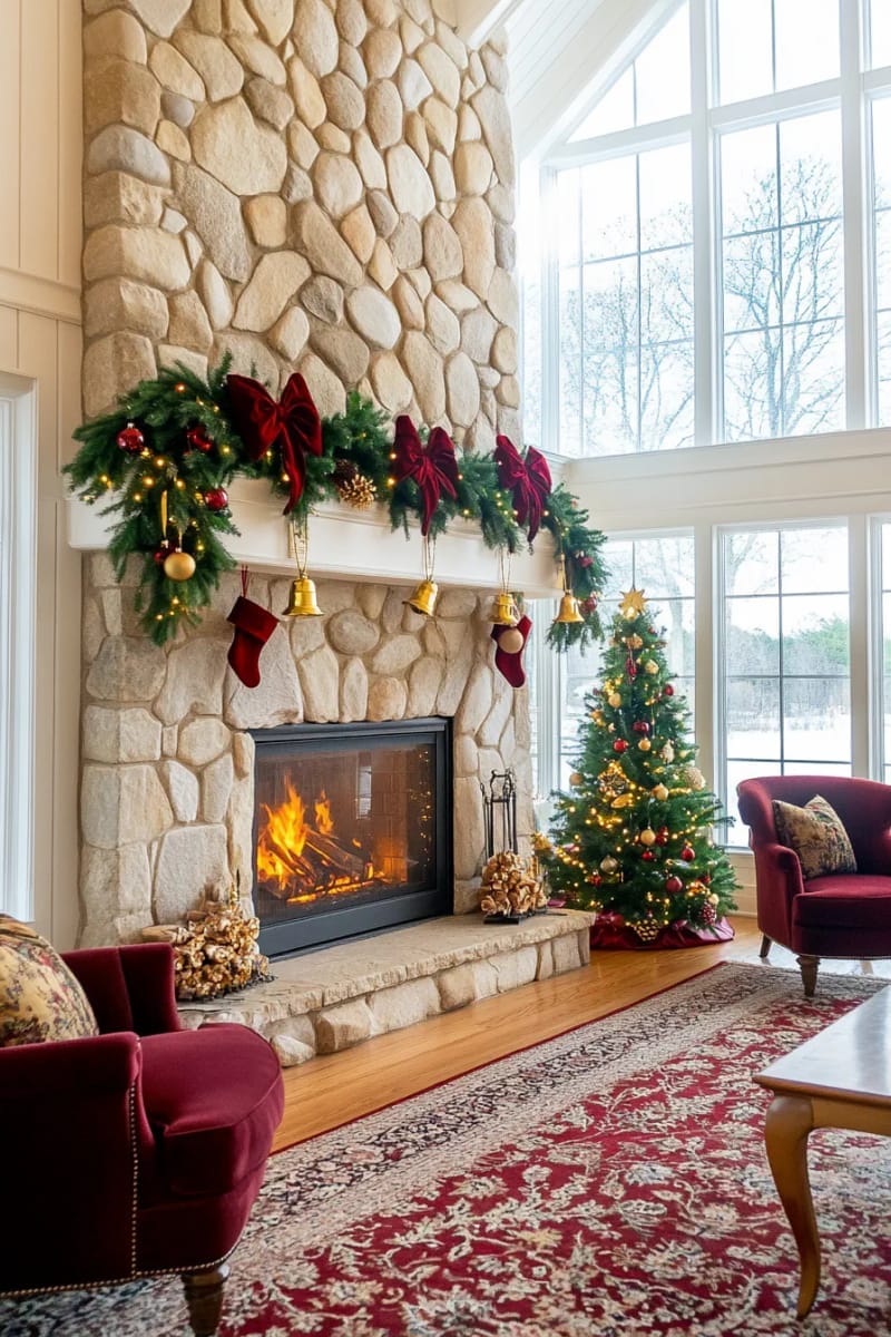 29 Stylish Christmas Mantle Decor Ideas to Inspire Your Home 3 layered pine garland with oversized velvet bows and hanging golden bells 1