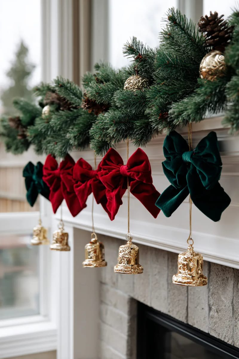 29 Stylish Christmas Mantle Decor Ideas to Inspire Your Home 4 layered pine garland with oversized velvet bows and hanging golden bells 1
