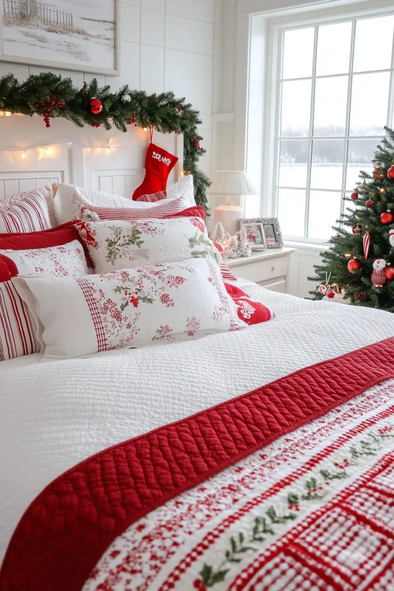 layered red and white quilts for a classic christmas bedroom look 1
