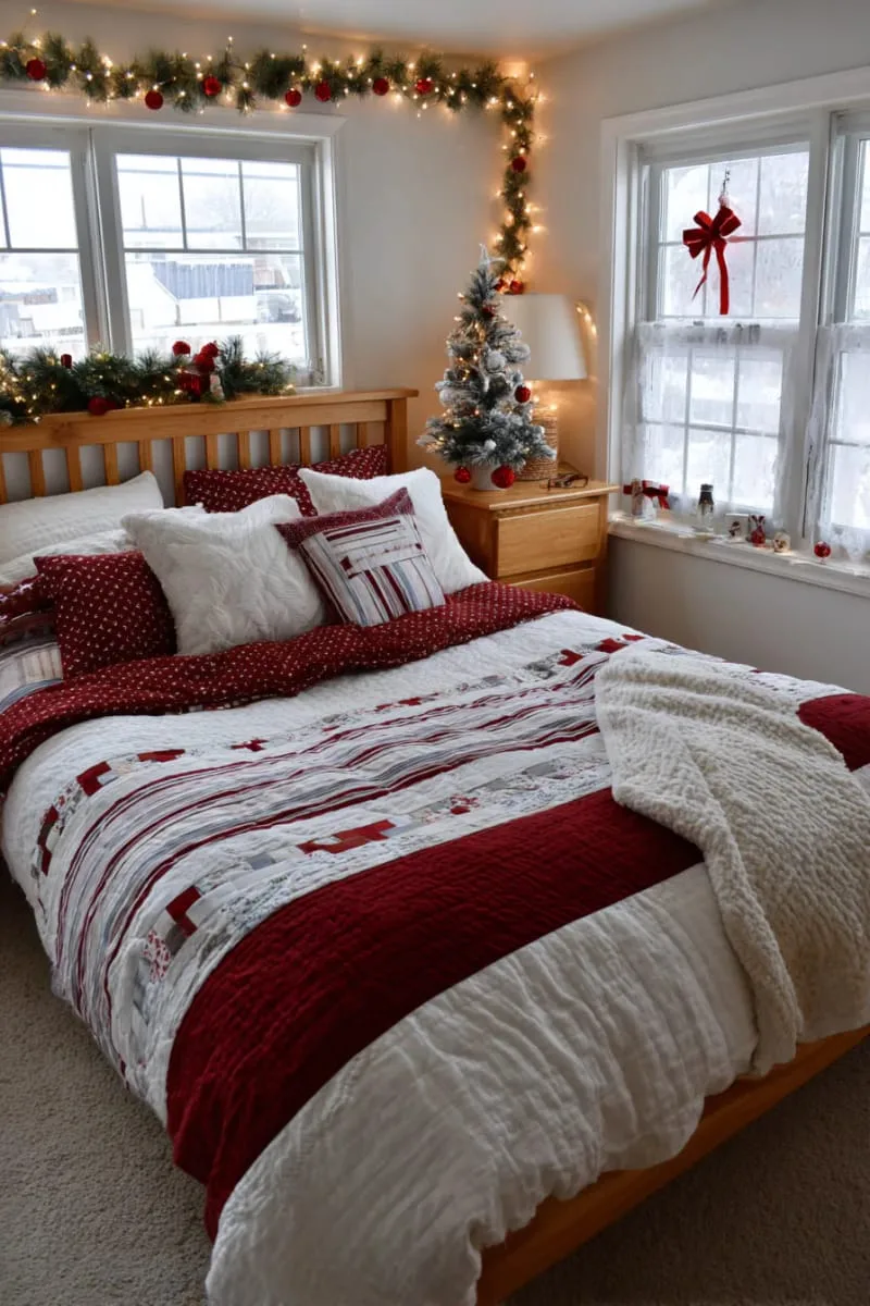 layered red and white quilts for a classic christmas bedroom look 1