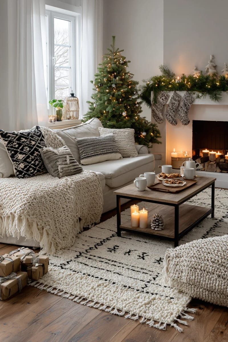 layered rugs and soft lighting for a warm christmas morning aesthetic 1