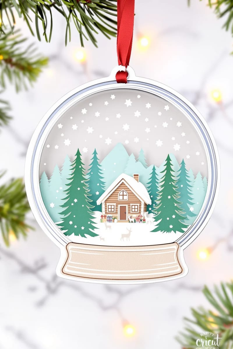 layered snow globe ornament featuring woodland cabin and falling snow 1