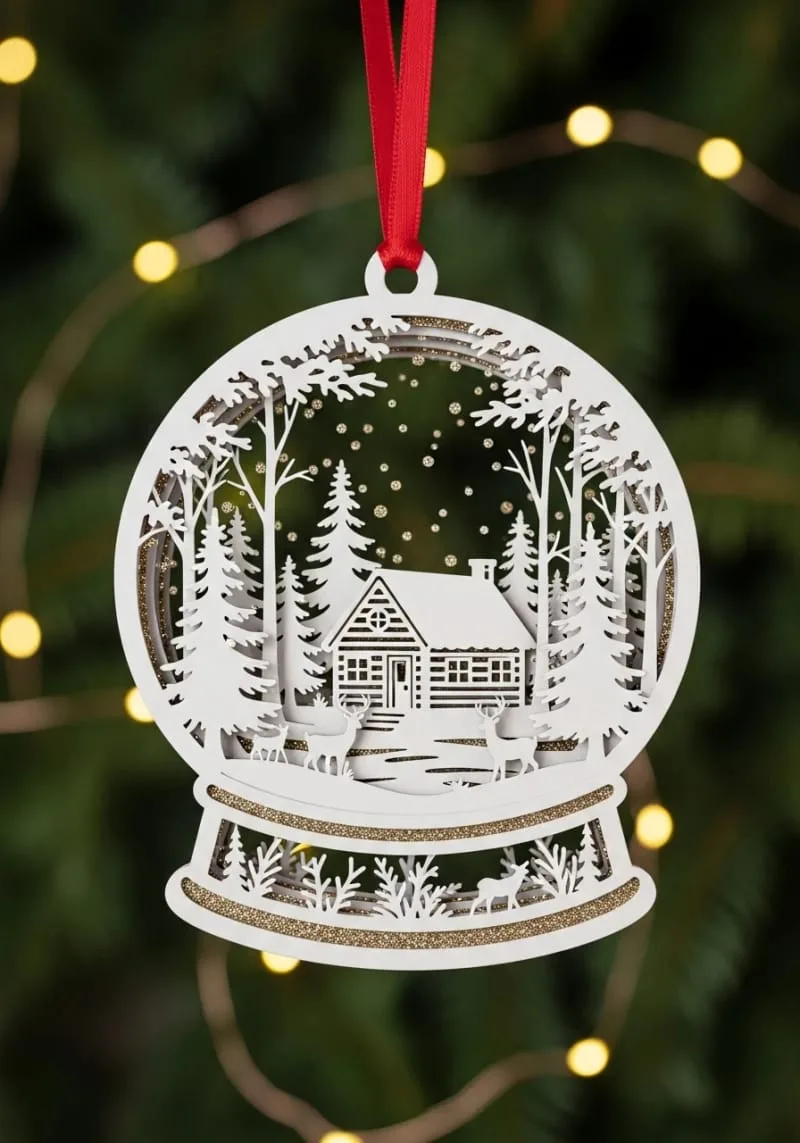 layered snow globe ornament featuring woodland cabin and falling snow 1