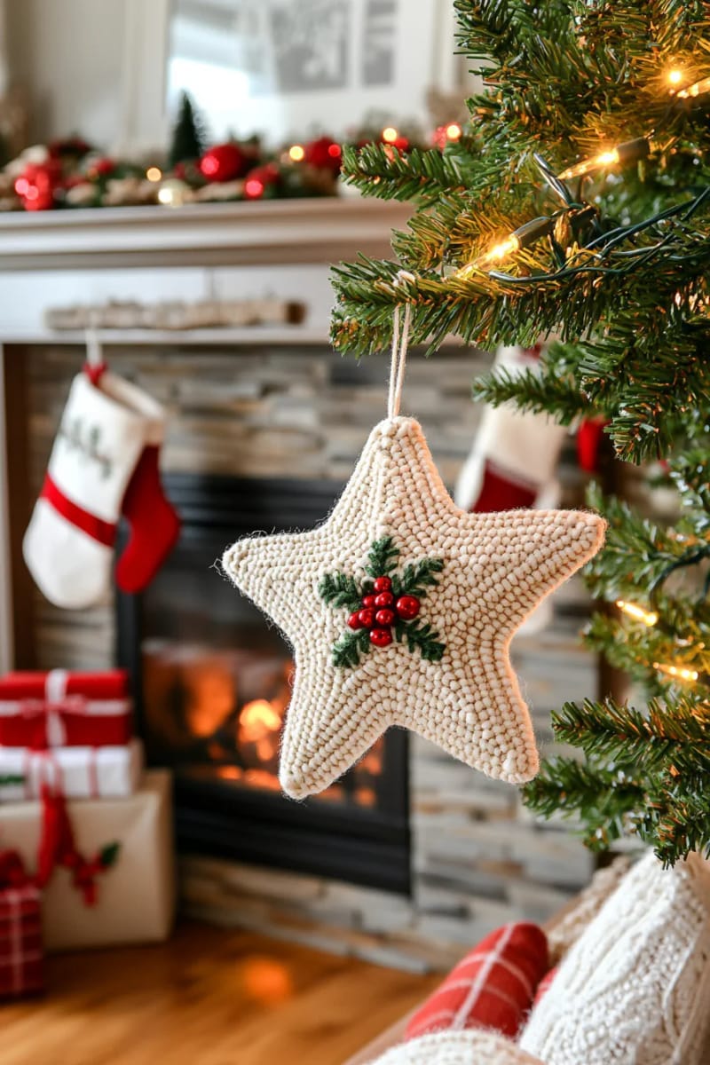 layered star-shaped felt ornament with beaded holly accents 1