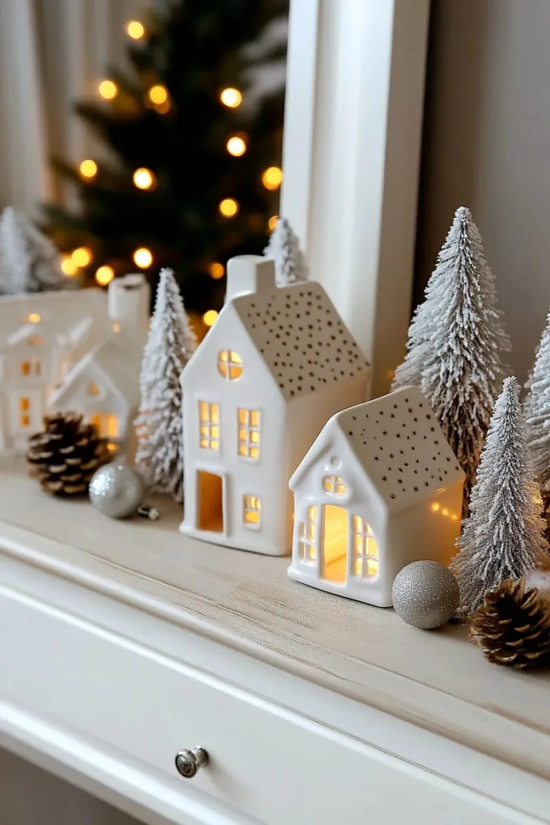 layered white ceramic village houses with frosted bottlebrush trees and fairy lights 1