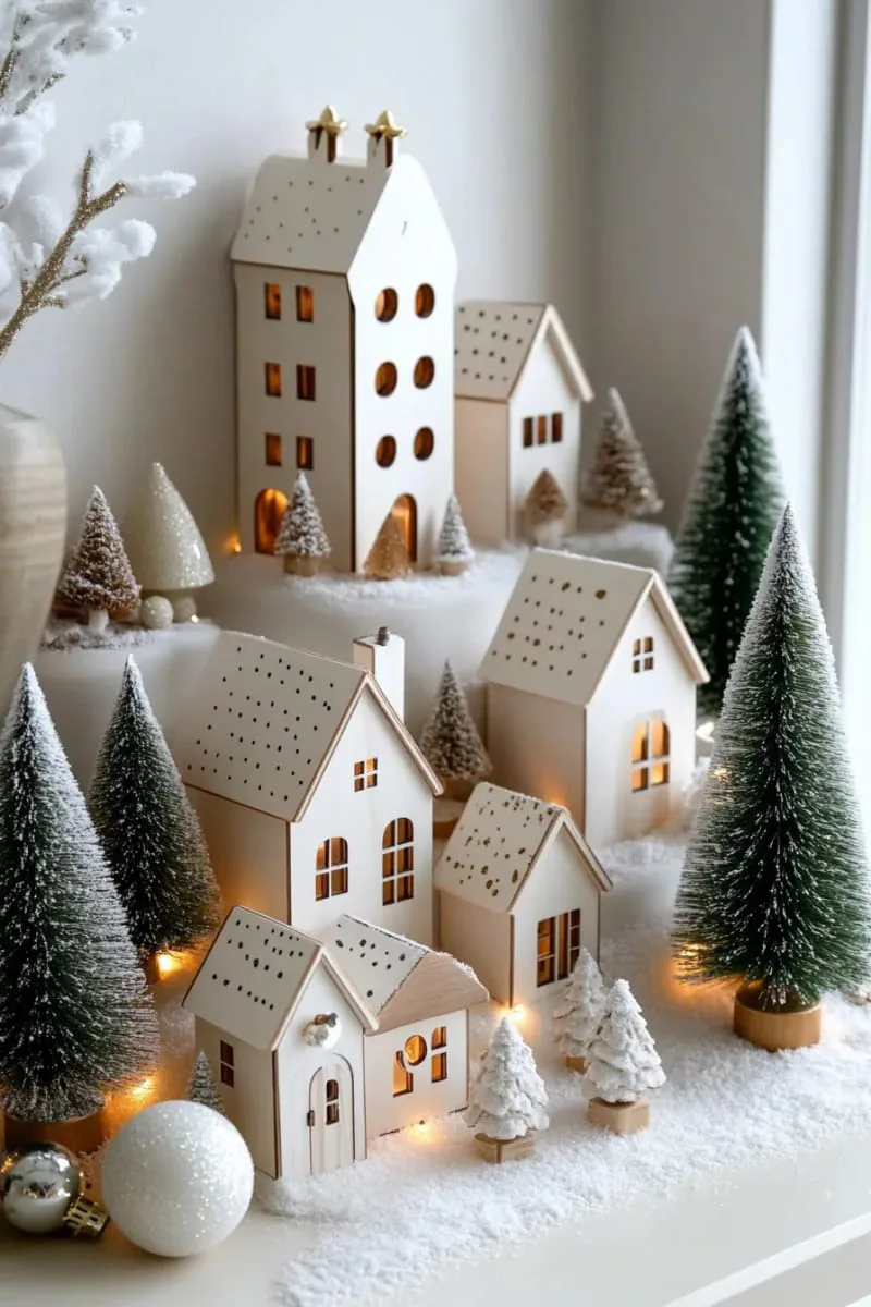 layered white ceramic village houses with frosted bottlebrush trees and fairy lights 1