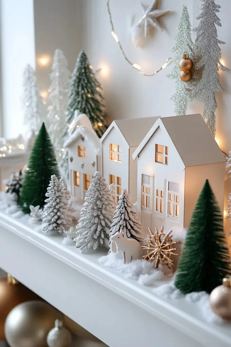 layered white ceramic village houses with frosted bottlebrush trees and fairy lights 1