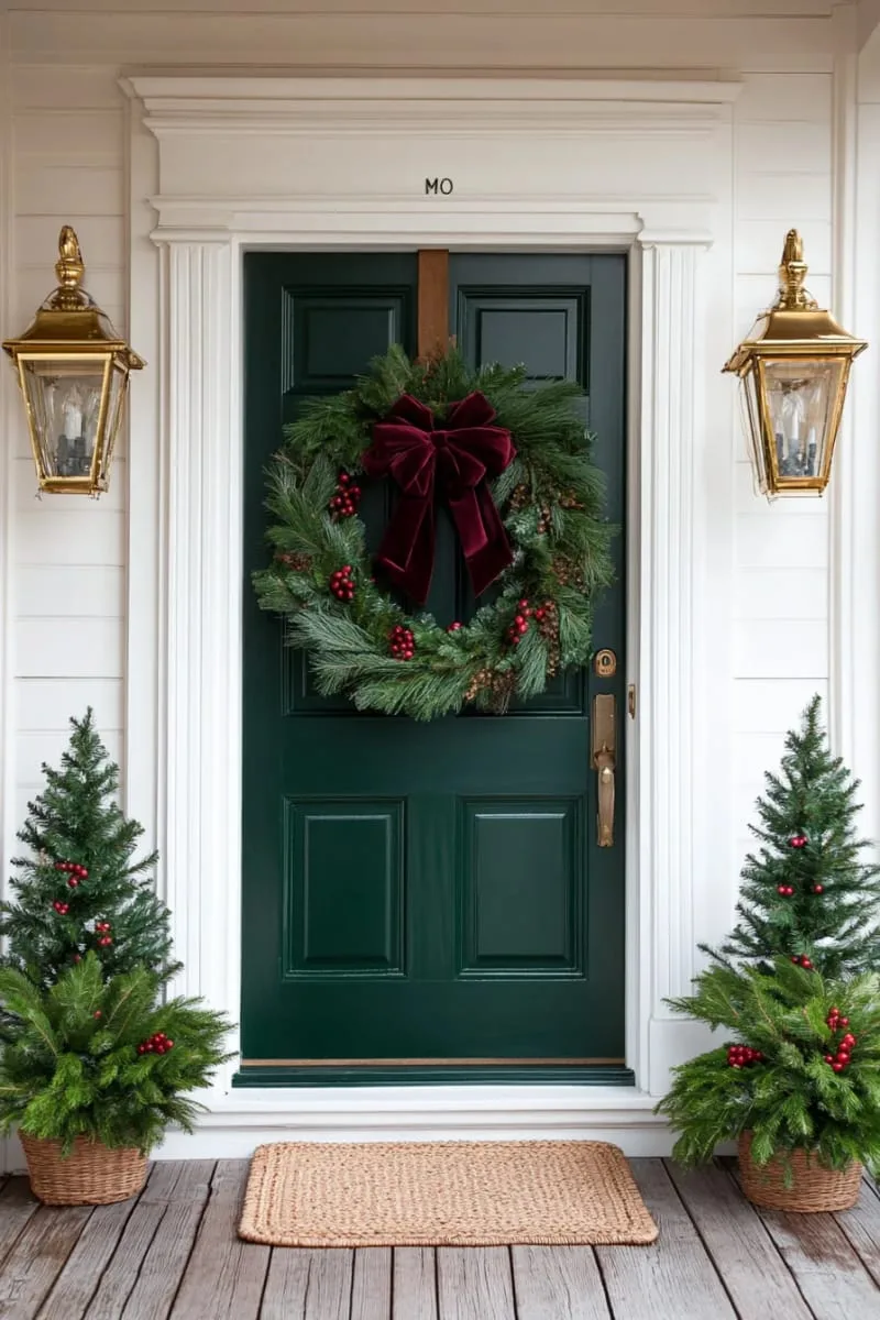 25 Traditional Christmas Decor Ideas with a Nostalgic Vintage Touch 19 layered wreaths featuring holly berries, pine, and velvet bows on doors 1