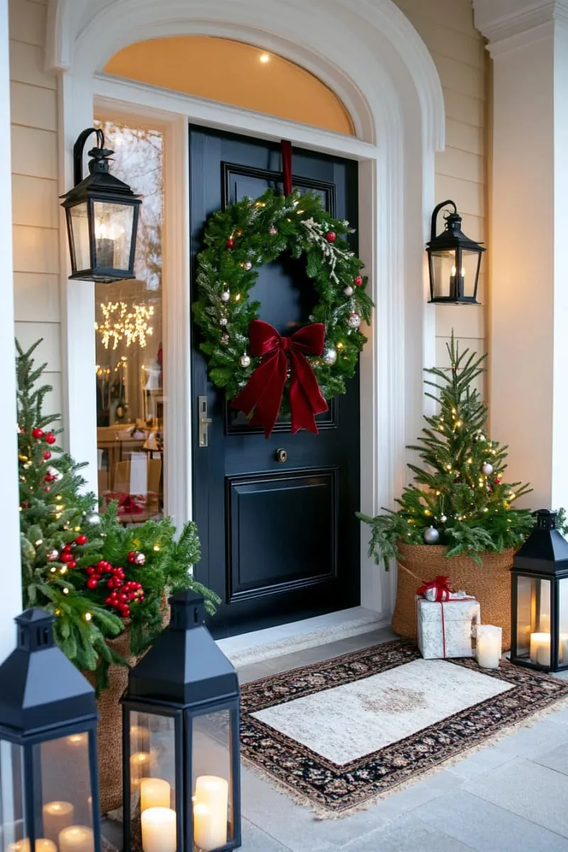 25 Traditional Christmas Decor Ideas with a Nostalgic Vintage Touch 20 layered wreaths featuring holly berries, pine, and velvet bows on doors 1