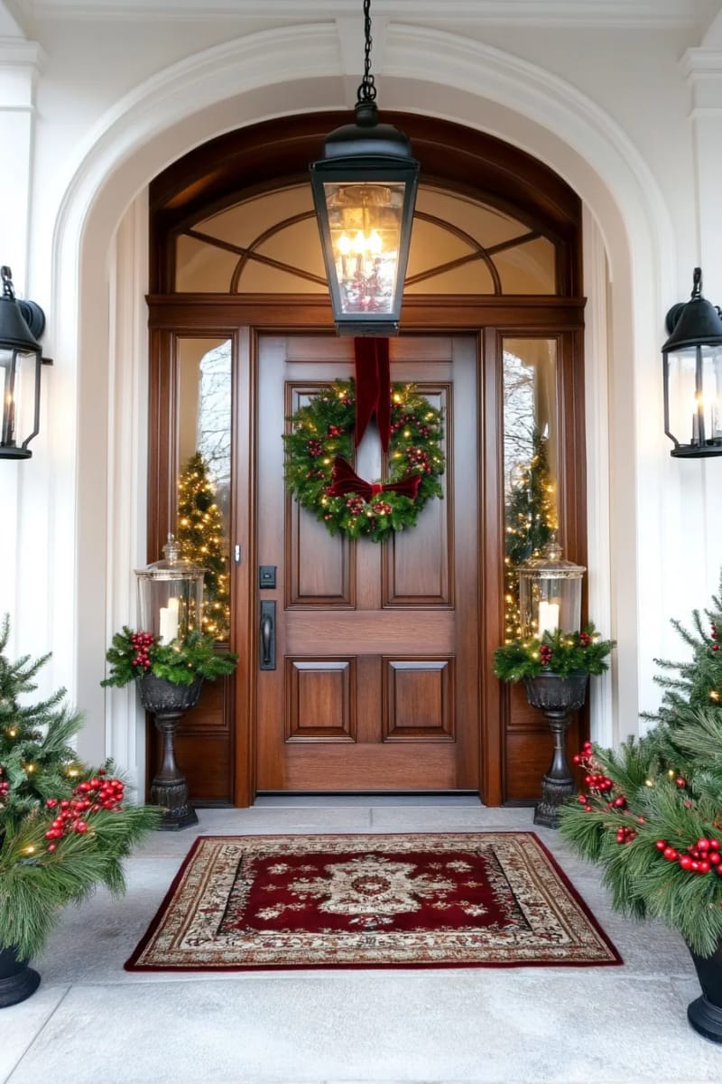 layered wreaths featuring holly berries, pine, and velvet bows on doors 1