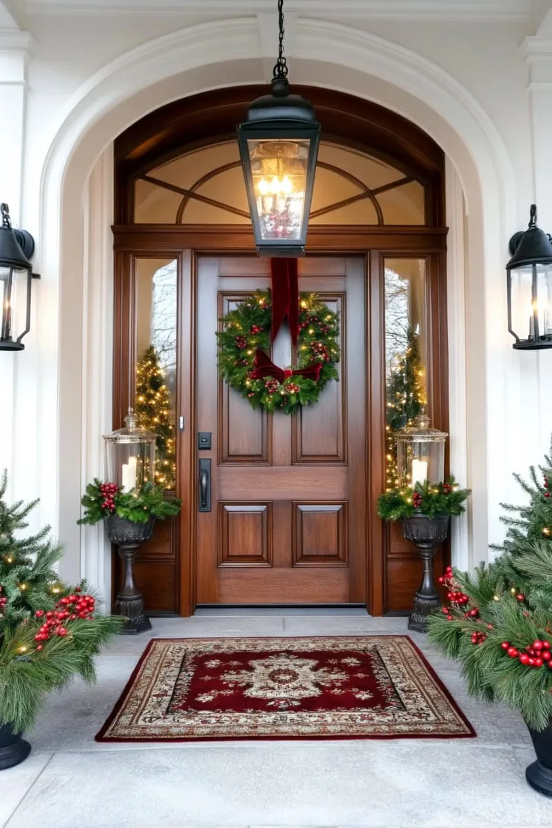 25 Traditional Christmas Decor Ideas with a Nostalgic Vintage Touch 21 layered wreaths featuring holly berries, pine, and velvet bows on doors 1