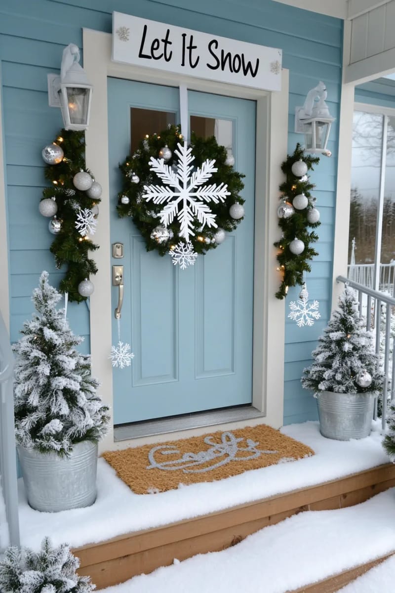 29 Festive Christmas Door Decor Ideas for a Magical Entry 64 “let it snow” theme with snowflake cutouts and white mesh garland 1