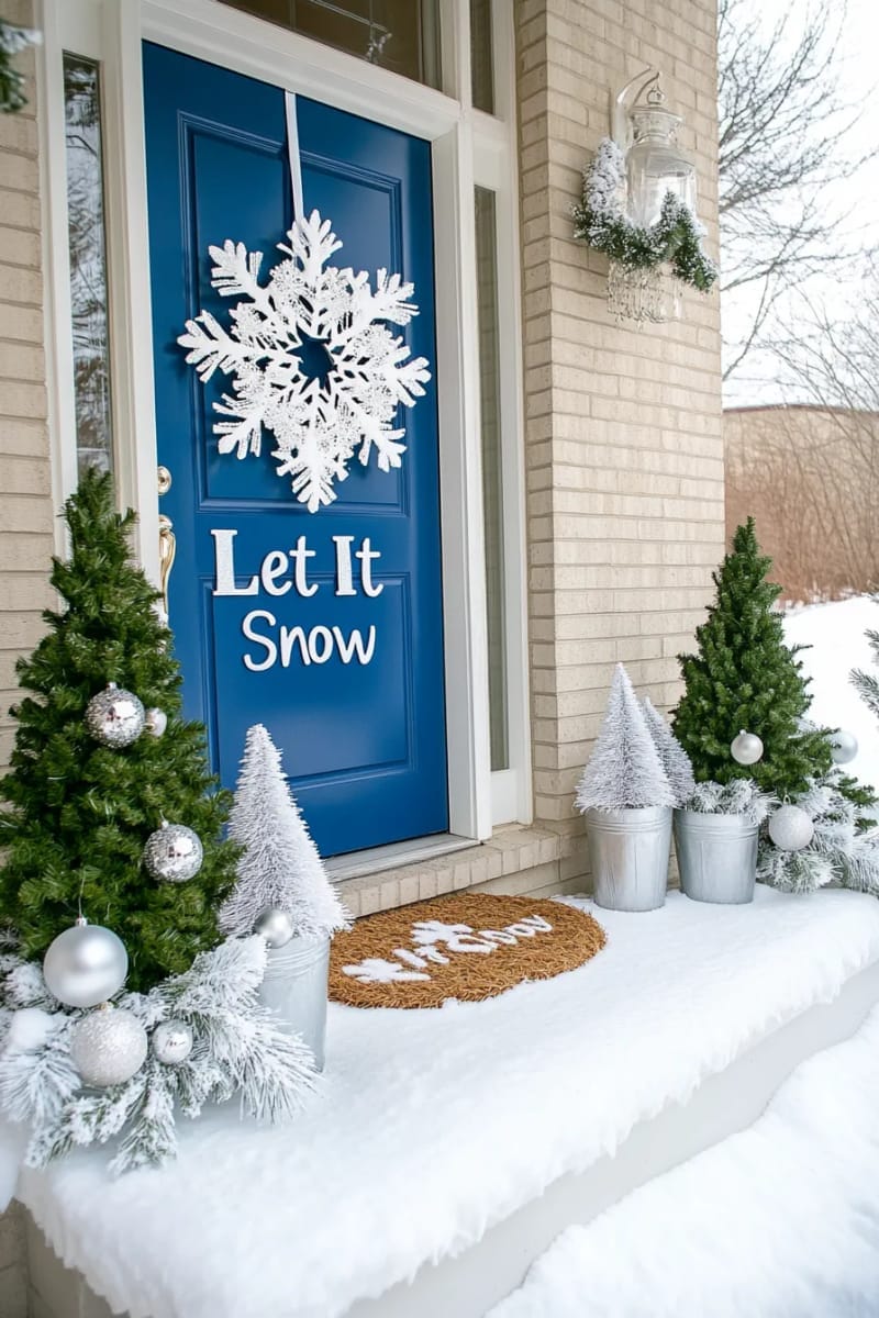 29 Festive Christmas Door Decor Ideas for a Magical Entry 65 “let it snow” theme with snowflake cutouts and white mesh garland 1