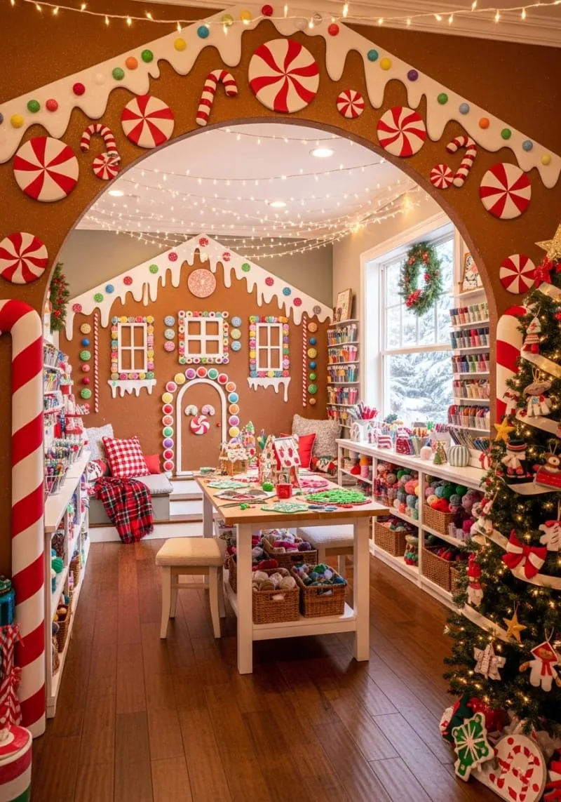 life-size cardboard gingerbread house archway for a magical craft room entrance 1