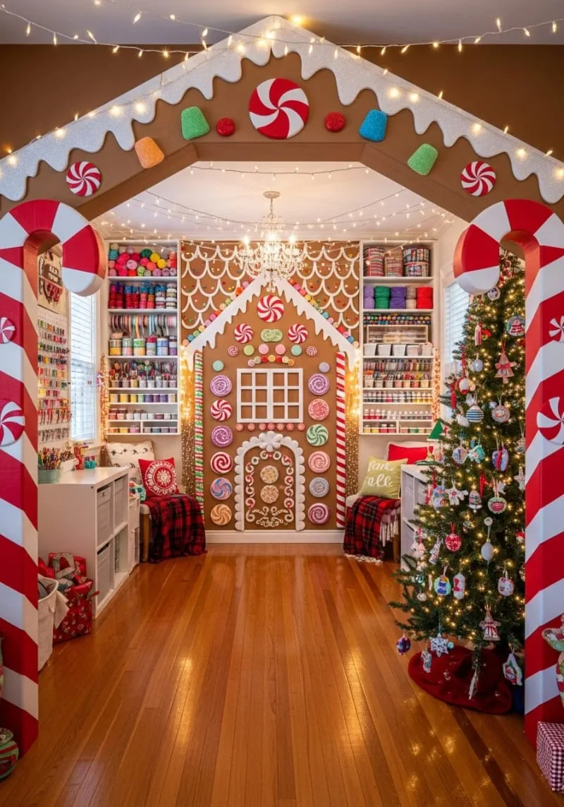 life-size cardboard gingerbread house archway for a magical craft room entrance 1