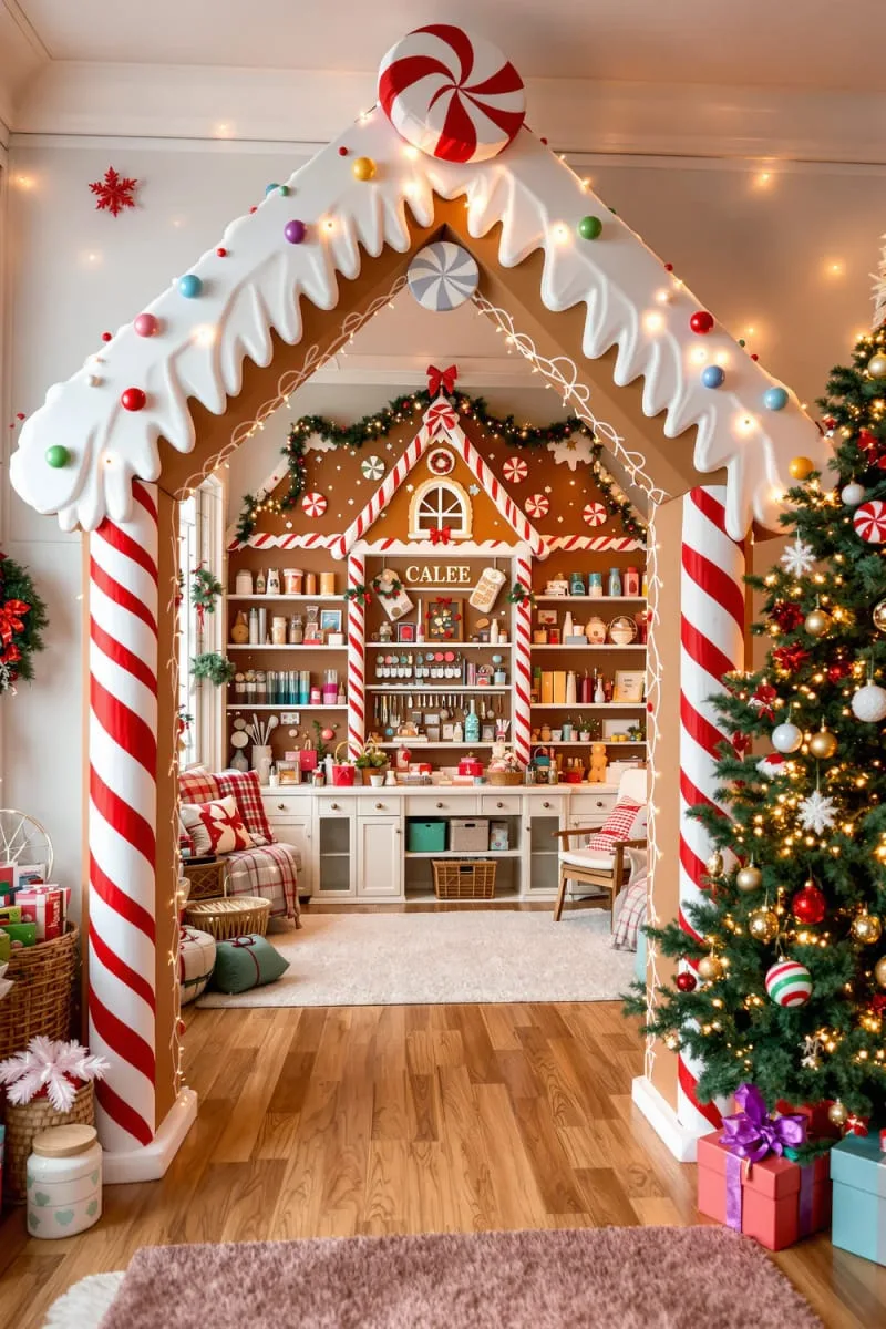 life-size cardboard gingerbread house archway for a magical craft room entrance 1