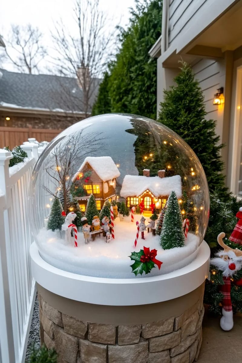 life-size snow globe display featuring a rotating christmas village scene 1