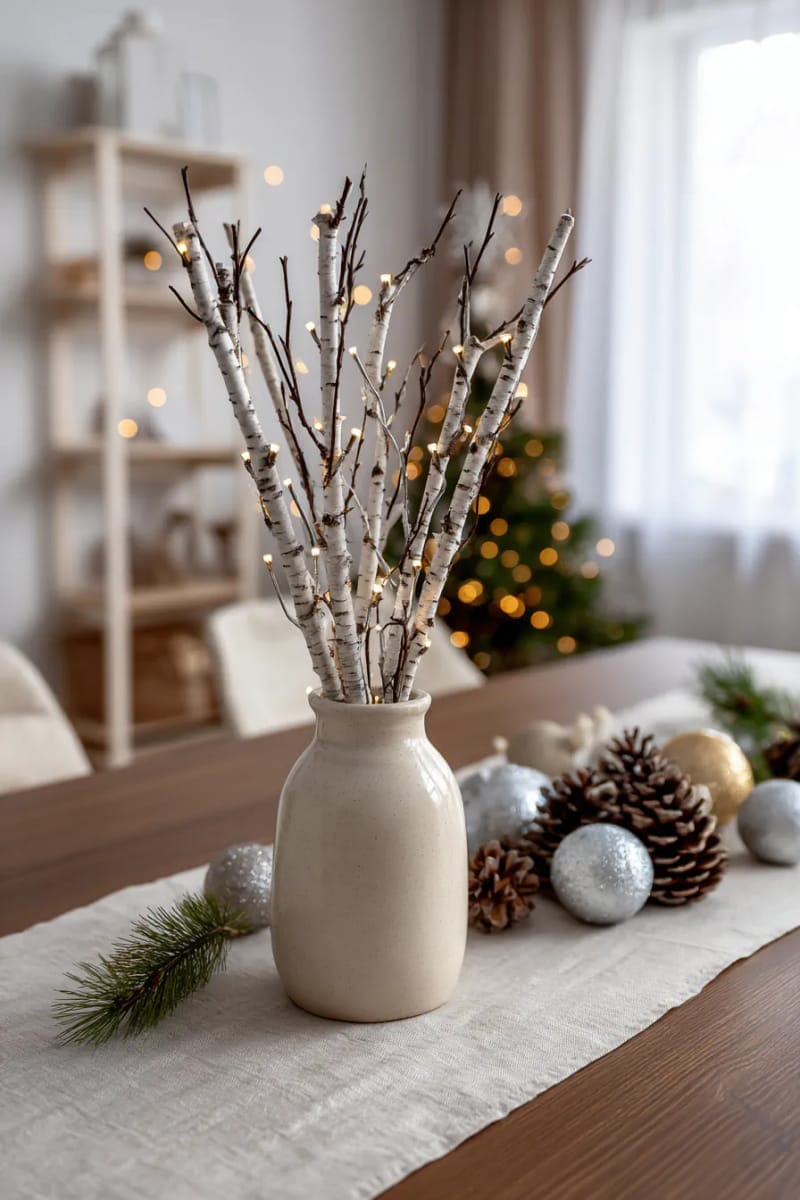 light-wrapped birch branches in a neutral ceramic vase centerpiece 1