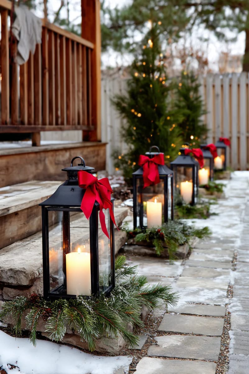 27 Country Christmas Decor Ideas That Wow 53 line the walkway with lanterns, fresh pine sprigs, and red bows. 1