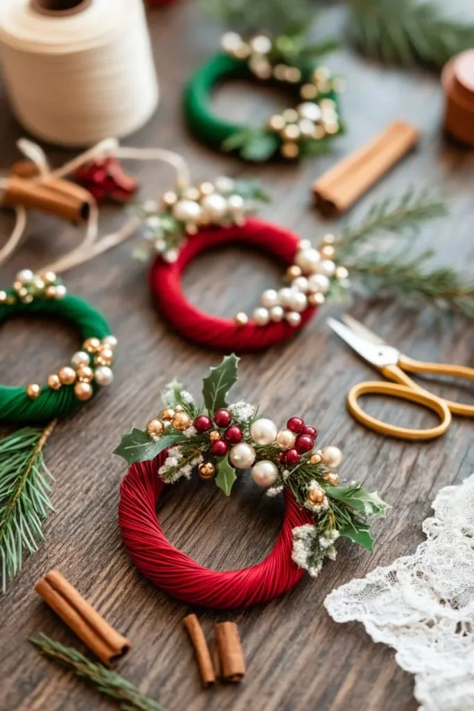 little red and green wreaths made from pipe cleaners and beads 62