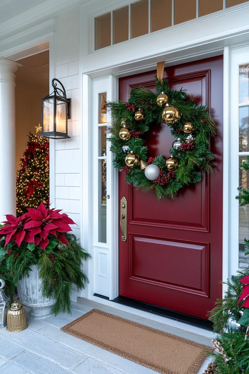 29 Festive Christmas Door Decor Ideas for a Magical Entry 38 lush classic christmas wreath with oversized jingle bells and pinecones 1