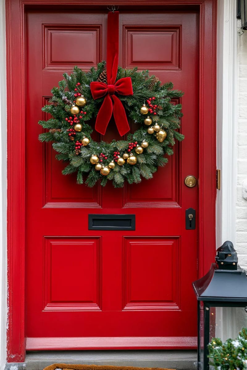 29 Festive Christmas Door Decor Ideas for a Magical Entry 39 lush classic christmas wreath with oversized jingle bells and pinecones 1