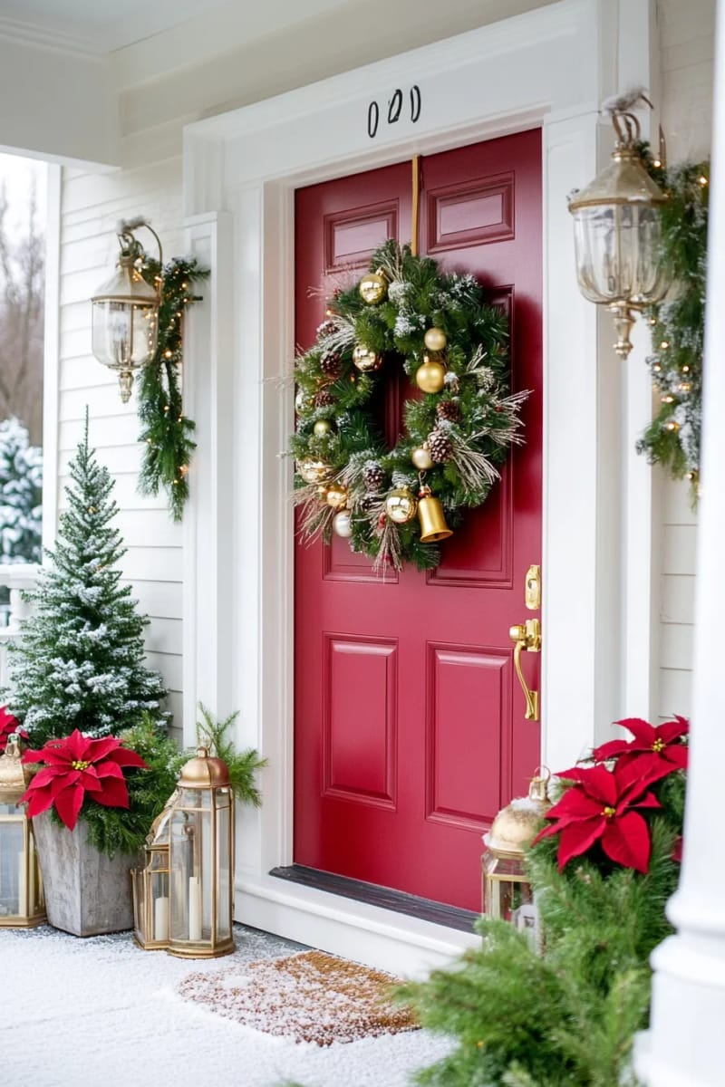 29 Festive Christmas Door Decor Ideas for a Magical Entry 40 lush classic christmas wreath with oversized jingle bells and pinecones 1