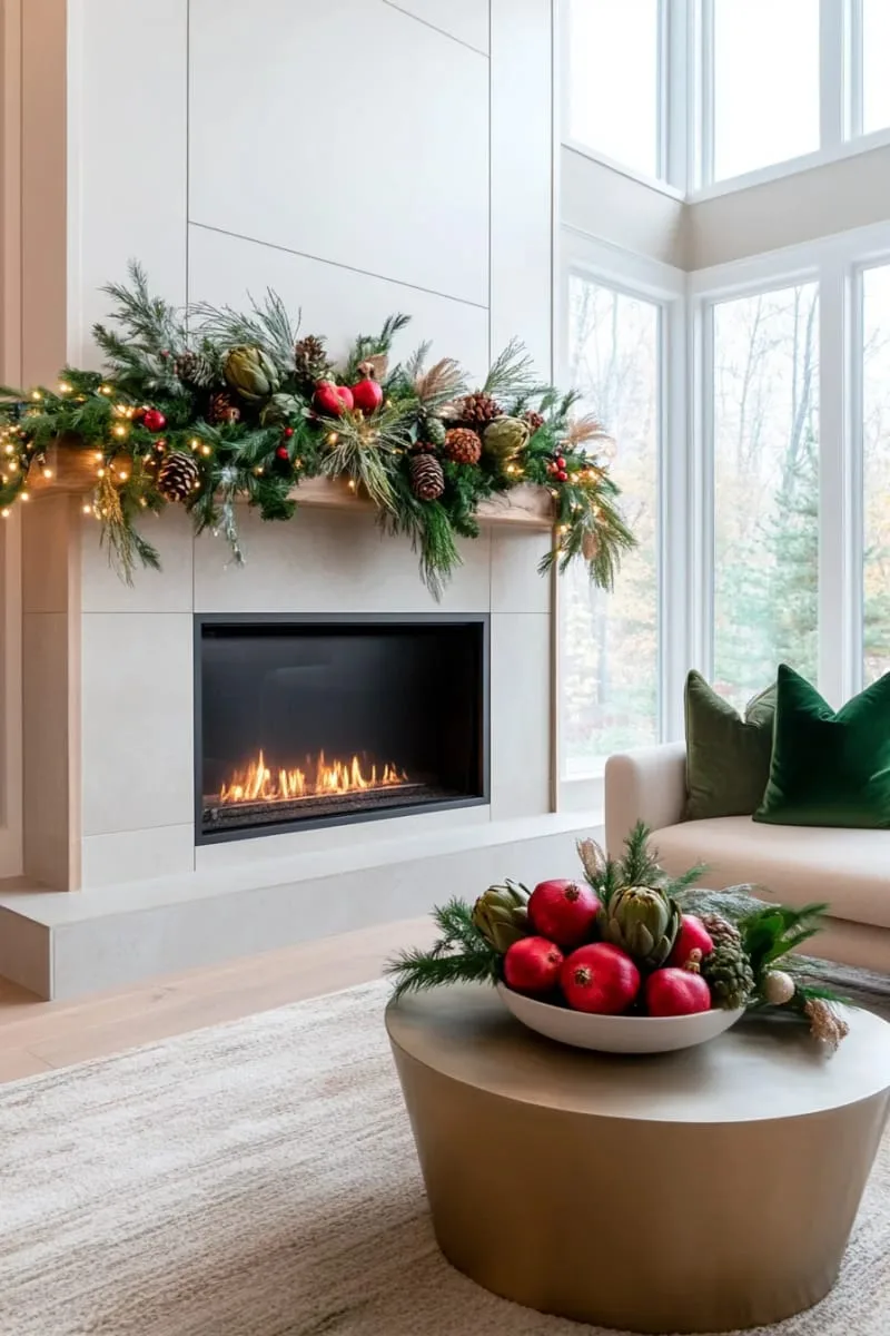 29 Best Christmas Decorations Trends You Can't Miss This Year 112 lush garland with pomegranates and artichokes for a nature-inspired mantel 1