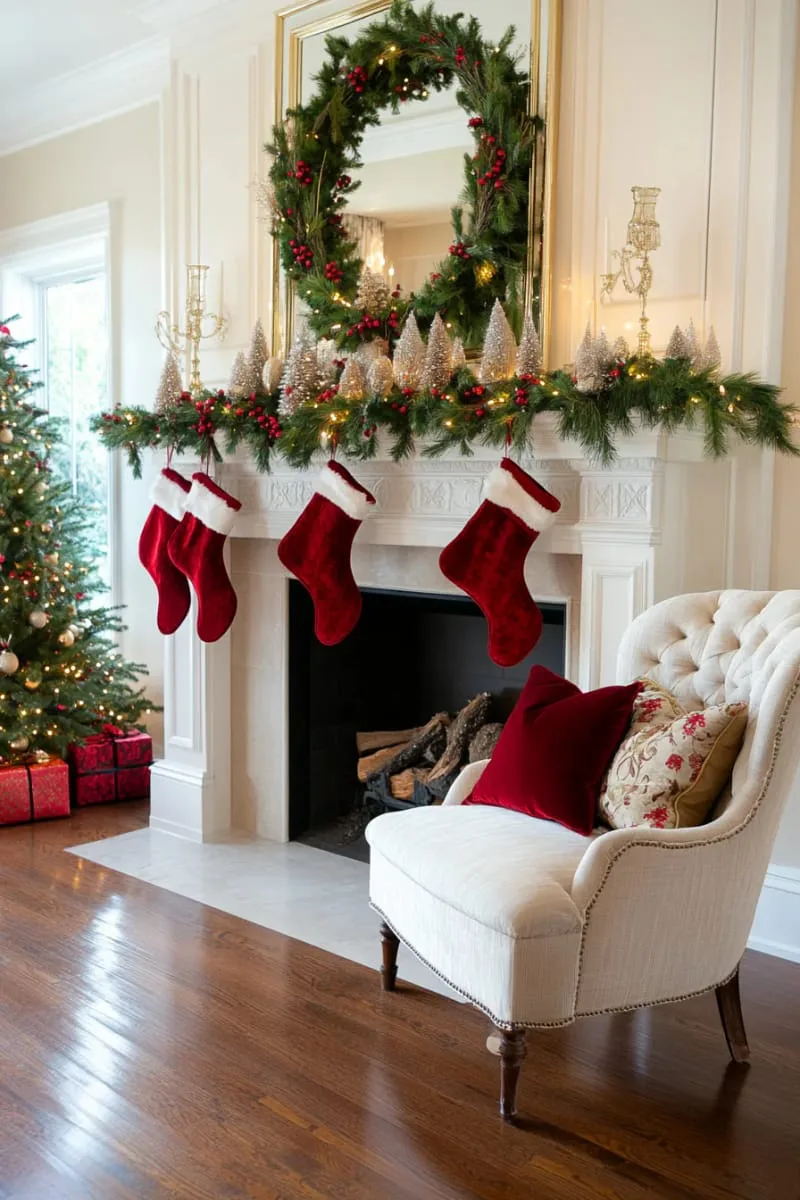 lush green wreaths hung with bright red berries and pinecones 1