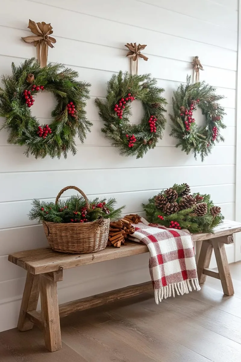 lush green wreaths hung with bright red berries and pinecones 1