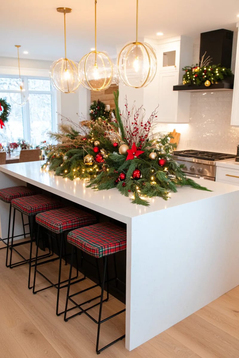 23 Christmas Kitchen Island Decor Ideas That Bring Instant Holiday Charm 58 lush nature-inspired centerpiece with mixed evergreens and classic christmas baubles 1